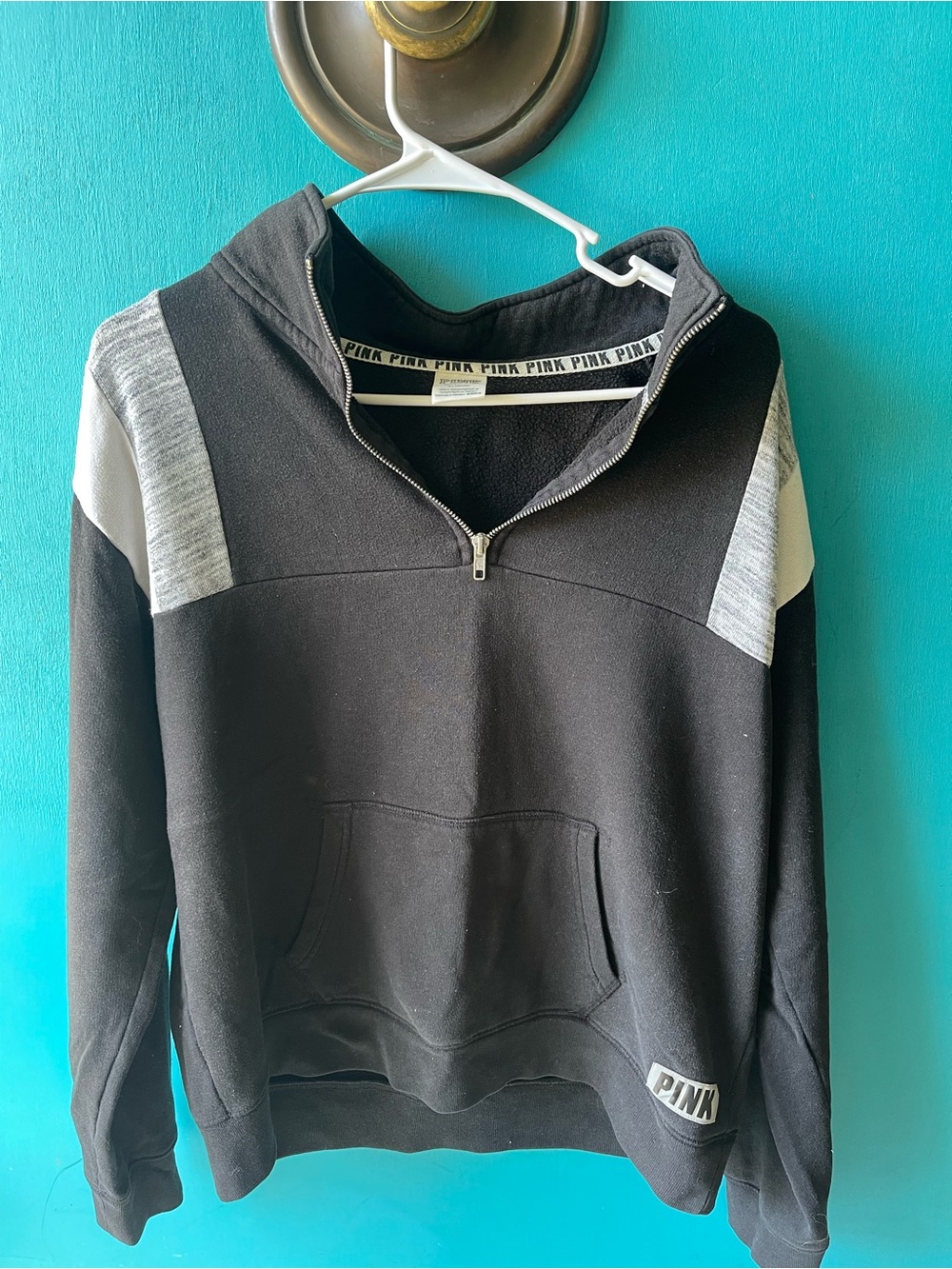 PINK Victoria's Secret Black Zip-Up Pullover with Gray Panels